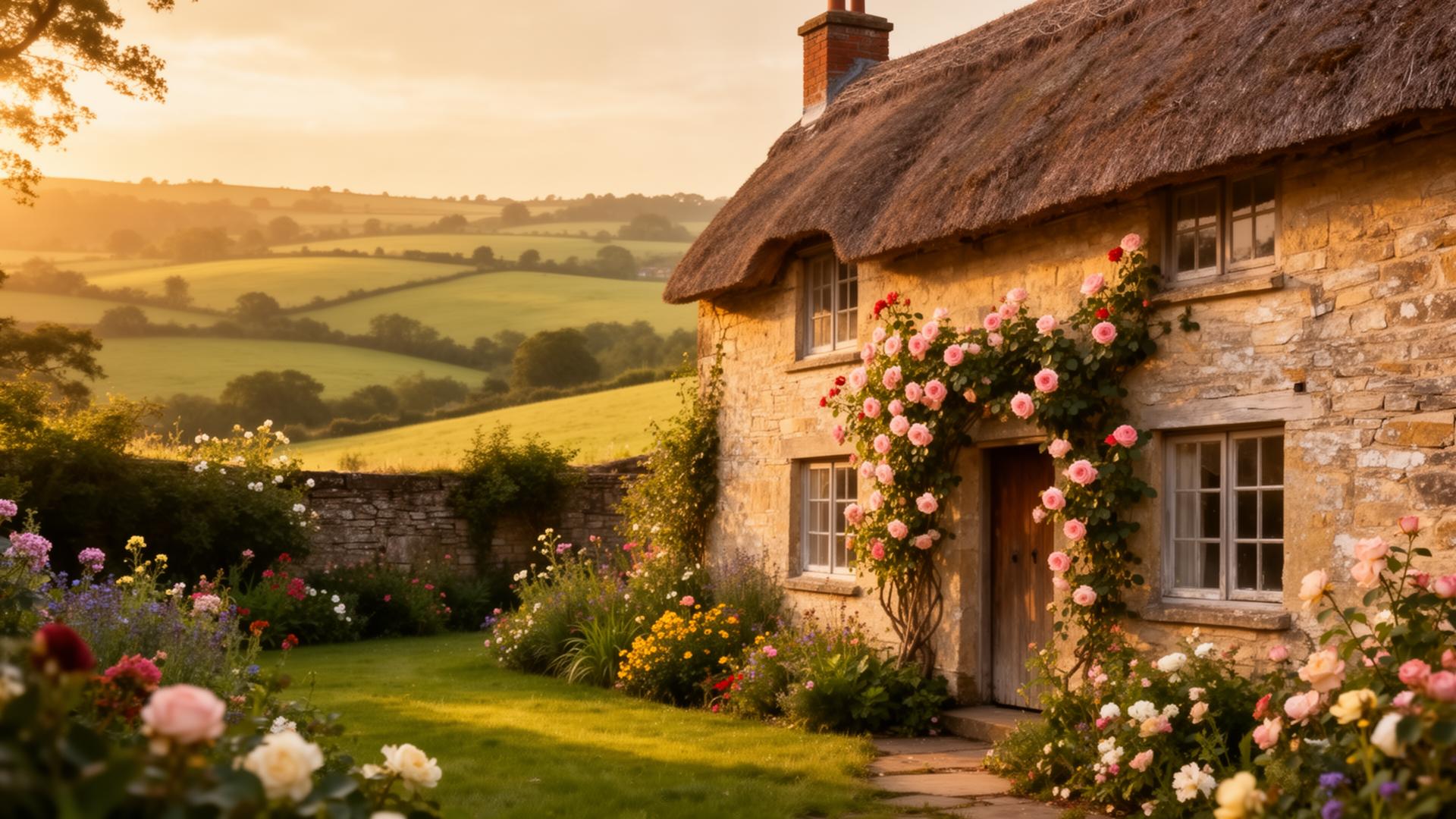 An English cottage at golden hour